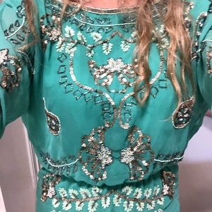 Needle and Thead Sequin Green and Gold dress